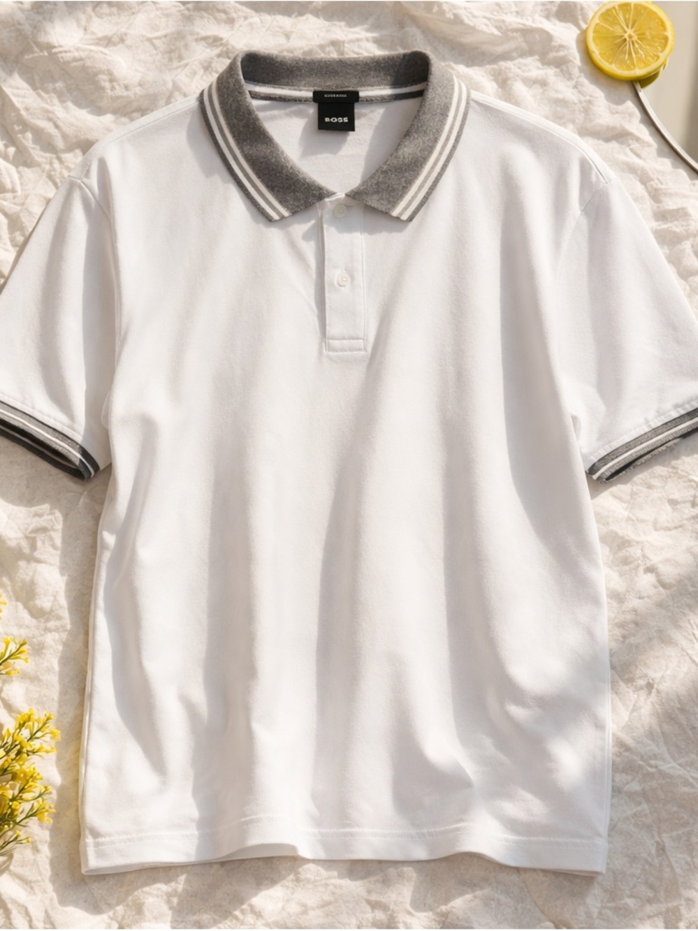 BOSS White Polo with Gray Contrast Collar
